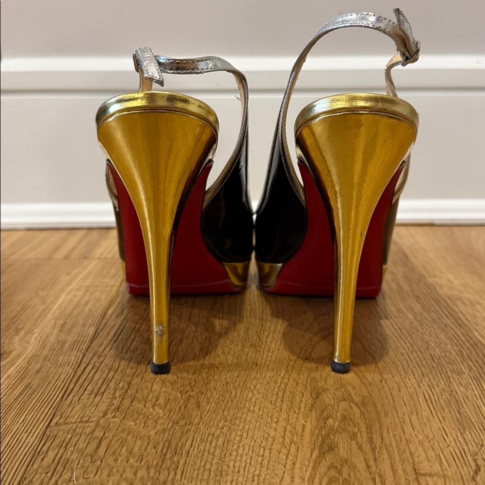 Christian Louboutin Black and Gold Peep-Toe Heels - Picture 4 of 5